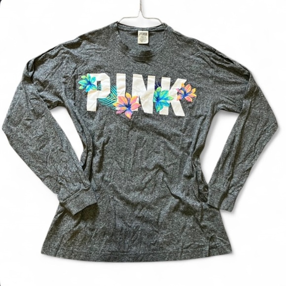 PINK Victoria's Secret Tops - PINK Victoria's Secret Charcoal Long Sleeve with Floral Embroidery